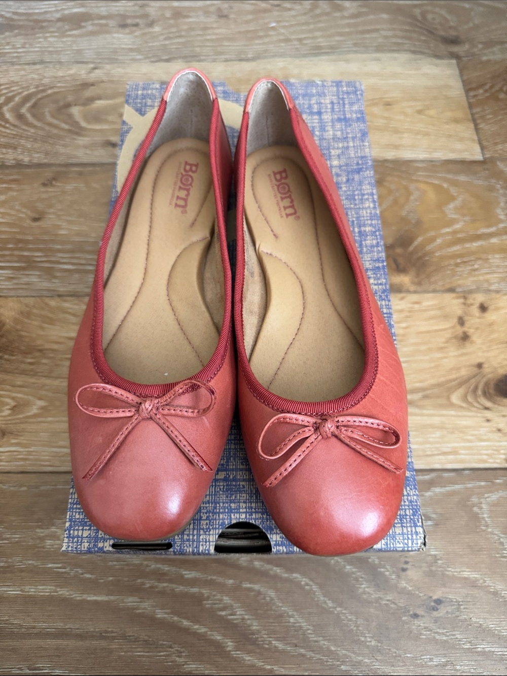 Born Coral-Red Leather Ballet Flats with Bow